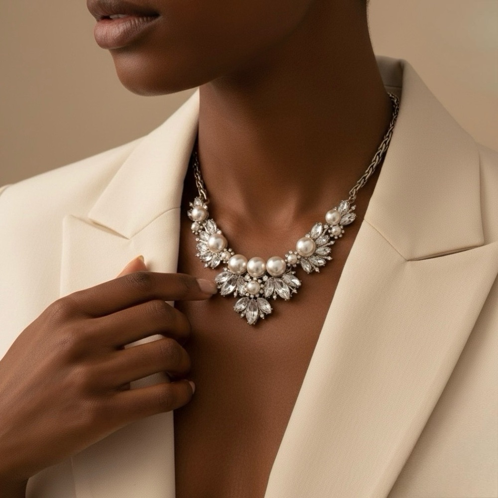Gold Tone Necklace with Pearls and Crystals